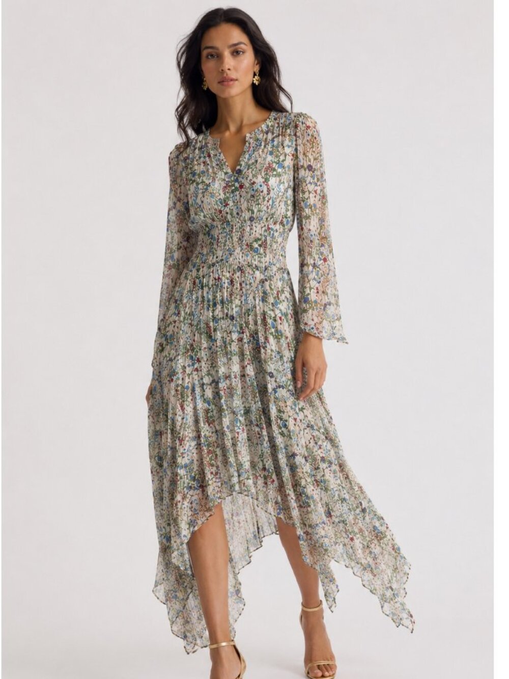 Maje Rangley Asymmetric Metallic Fil Coupé Floral Print Chiffon Midi Dress
